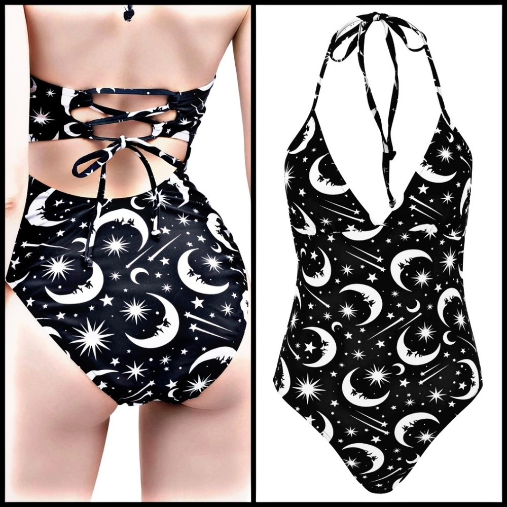 Killstar ✦ Under the Stars ✦ Celestial Halter Lace-Up One-Piece Gothic Swim XS - Picture 7 of 12